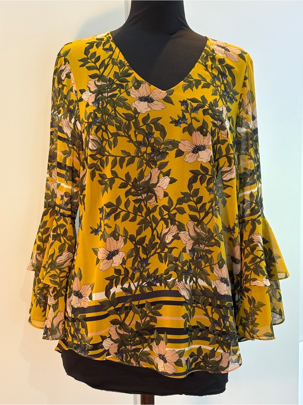 CAbi Mustard Floral V-Neck Bell Sleeve Tunic